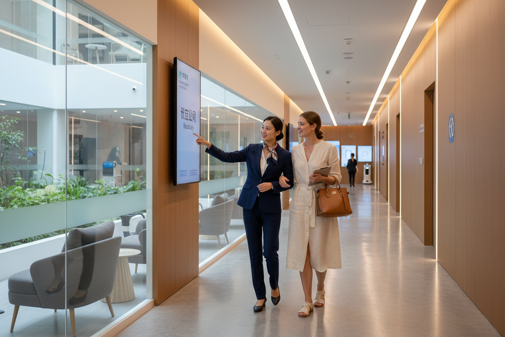 Companion guiding expat through hospital corridor in Shenzhen