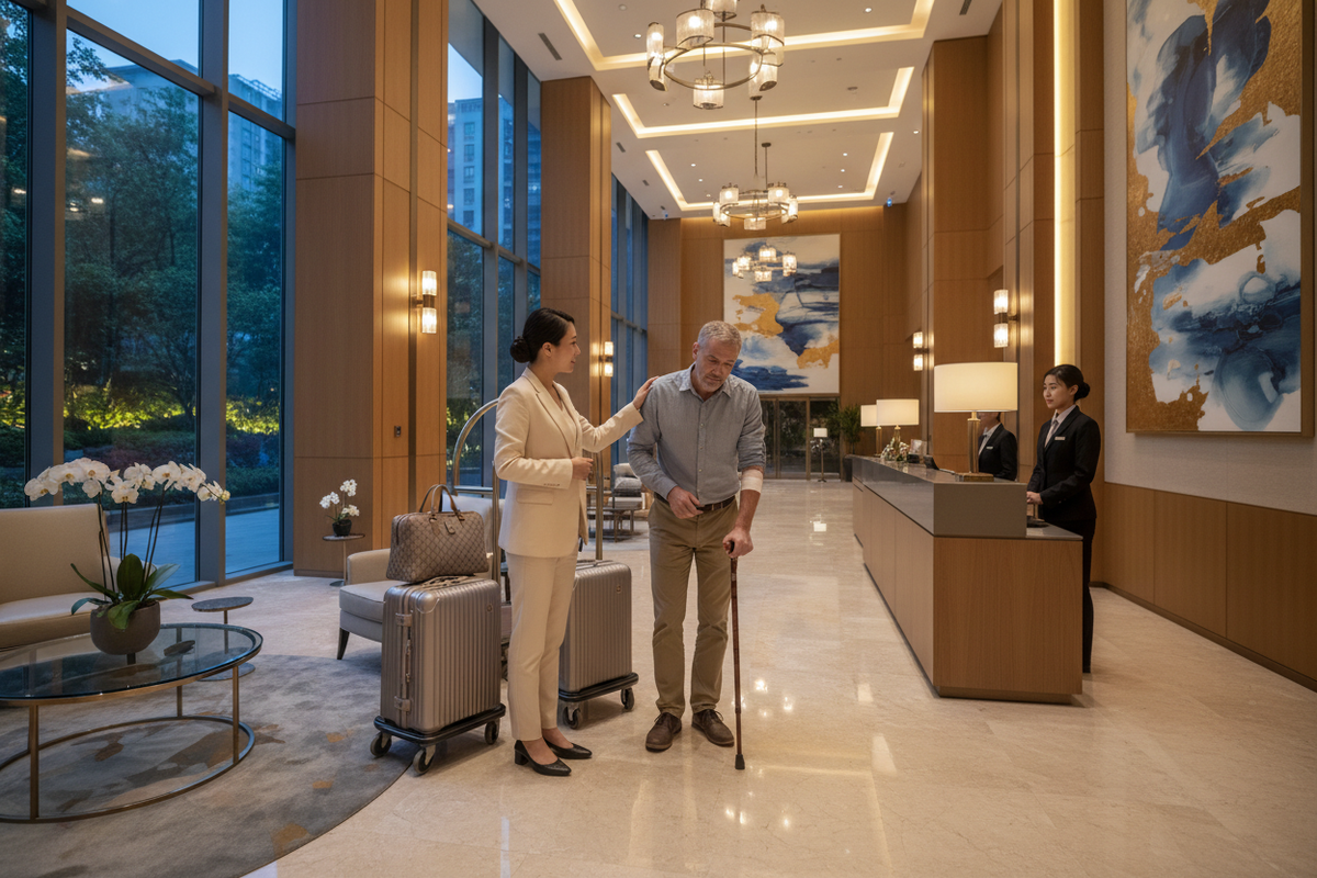 Companion assisting expat with hotel check-in for post-treatment rest