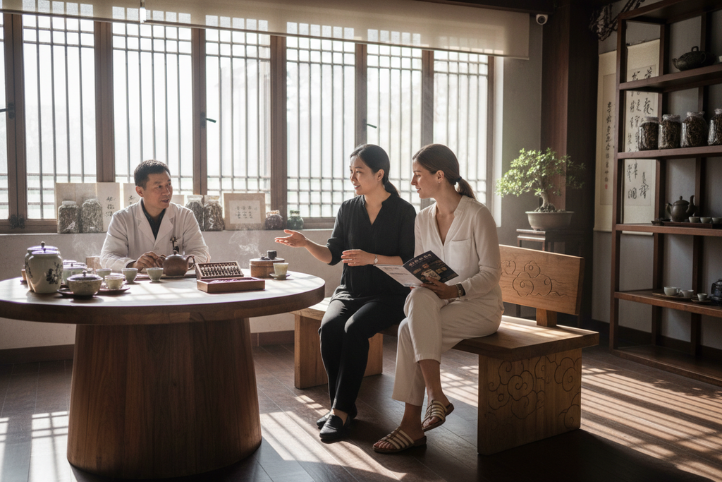 Companion translating at TCM wellness center in Shenzhen