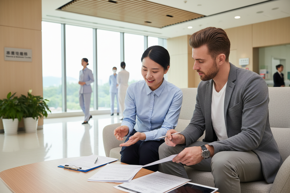 Companion explaining paperwork to expat in hospital waiting area