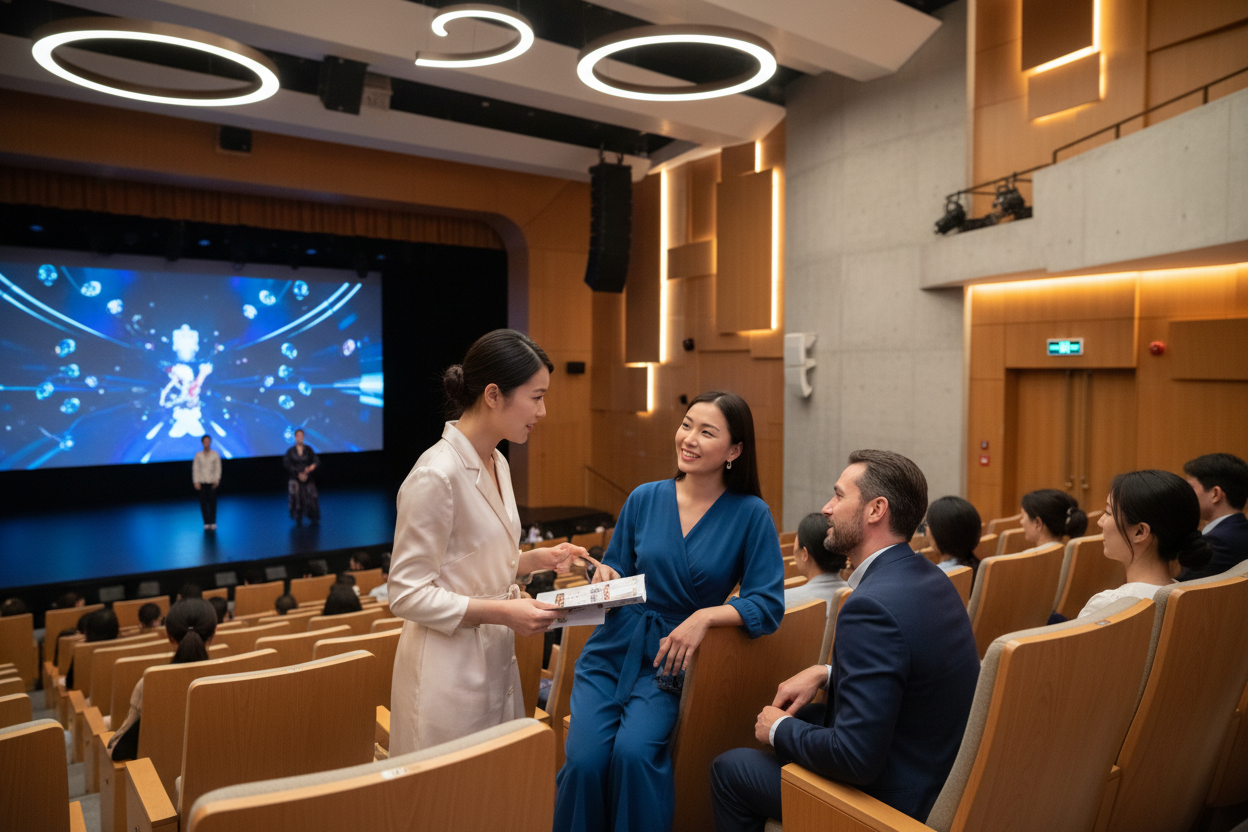 Companion accompanying expat couple at cultural performance in Shenzhen theater