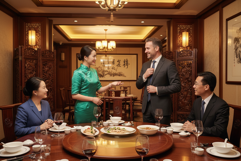 Companion facilitating business dinner with Chinese partners in Shenzhen