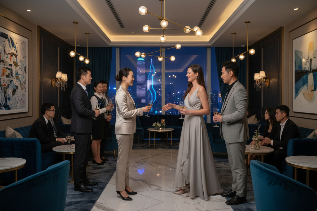 Companion introducing expat at VIP social event in Shenzhen