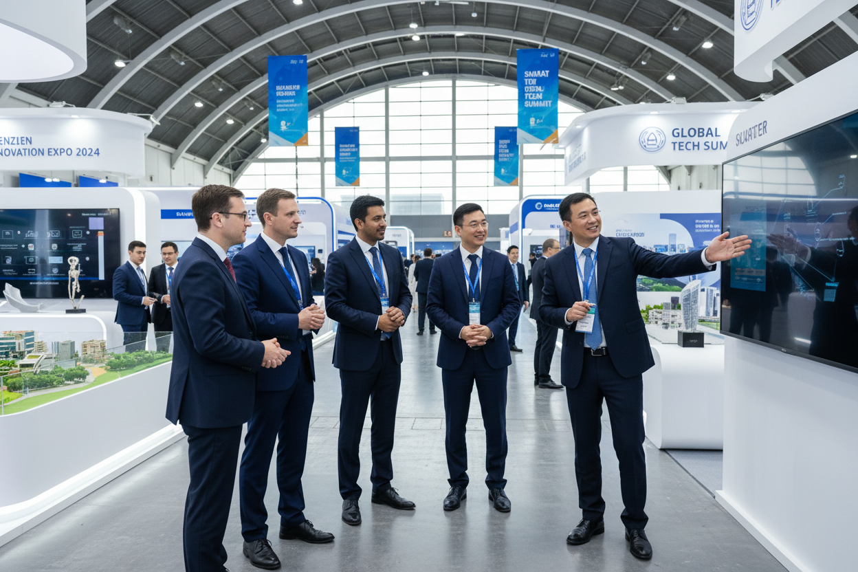 Foreign business delegation with companion at Shenzhen trade fair
