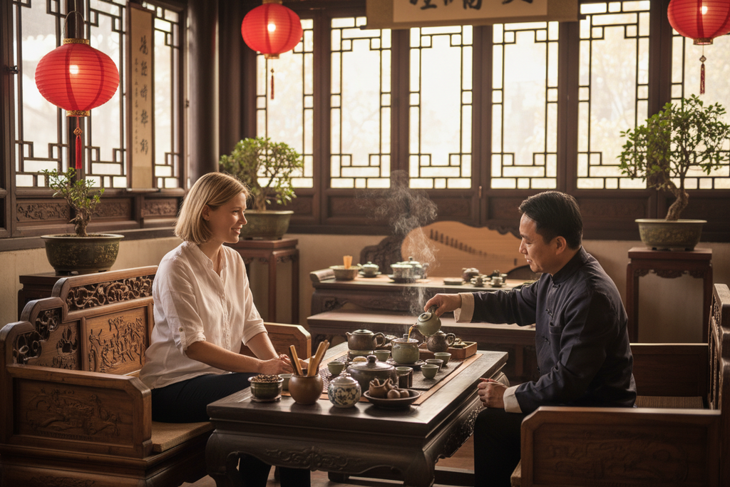 Foreign visitor experiencing authentic Chinese tea ceremony with local guide