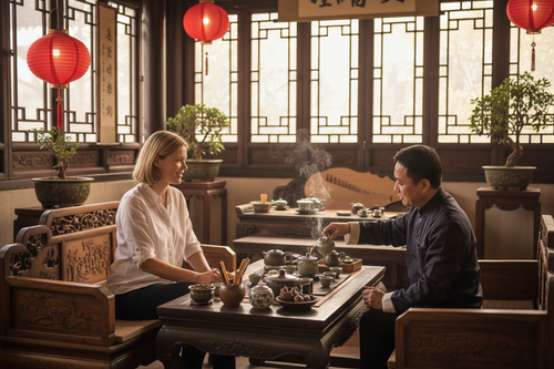Foreign visitor experiencing authentic Chinese tea ceremony with local guide