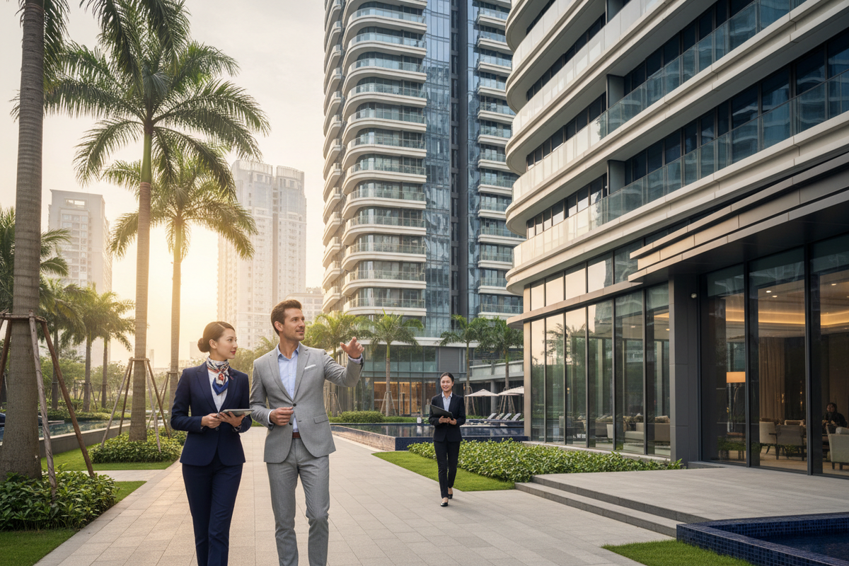 Professional concierge companion walking with foreign client in Shenzhen