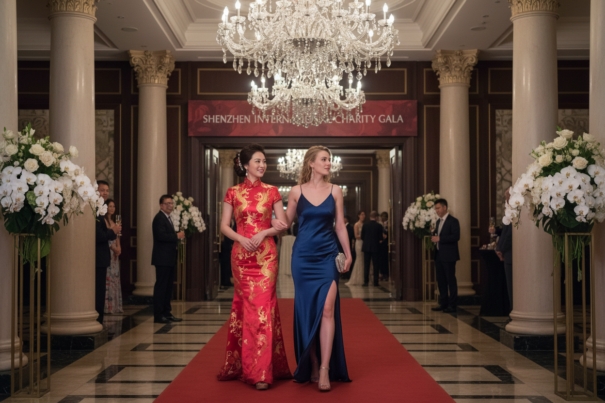 Companion escorting expat woman at formal gala event in Shenzhen