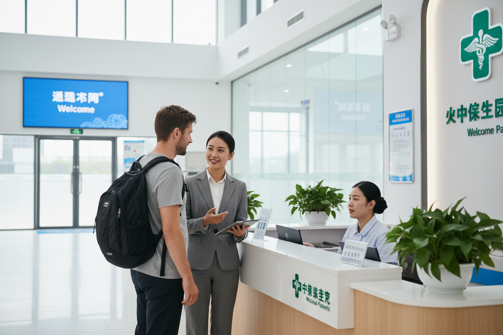 Companion assisting foreign visitor at Chinese hospital