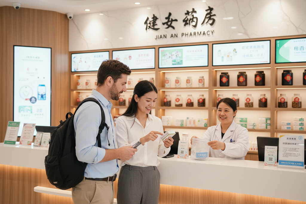 Companion helping expat at pharmacy counter in Shenzhen
