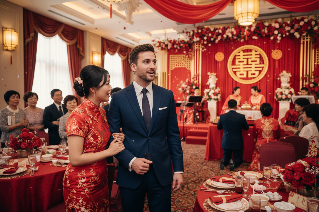 Companion assisting expat guest at Chinese wedding ceremony